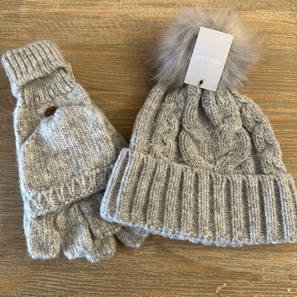 West Loop Light Gray Knit Hat and Gloves Warm Cozy Winter